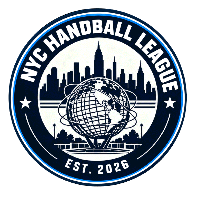NYC Handball League badge: a navy roundel with a blue ring, the Manhattan skyline above a globe, and the words NYC Handball League, Est. 2026.